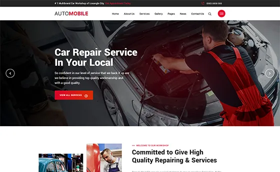 Car repair service website with a booking-led hero and services strip