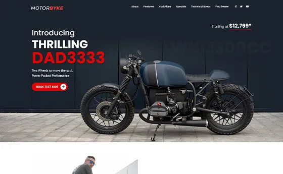 Motorcycle dealership website with a featured model and price callout