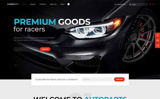Performance auto parts store homepage with a dark product hero