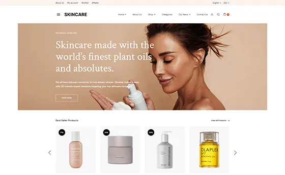 Skincare brand homepage with an editorial hero and product carousel