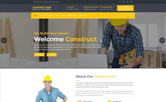 Construction company website with a bold headline and about section