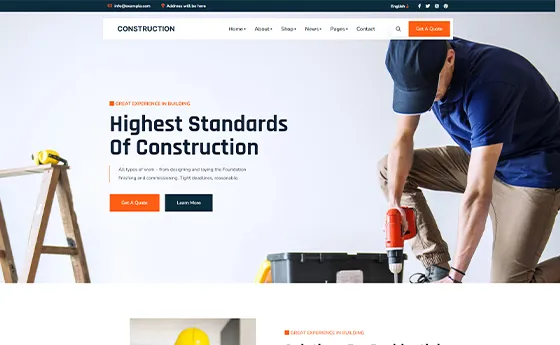 Construction services website with a standards-led hero and trade imagery