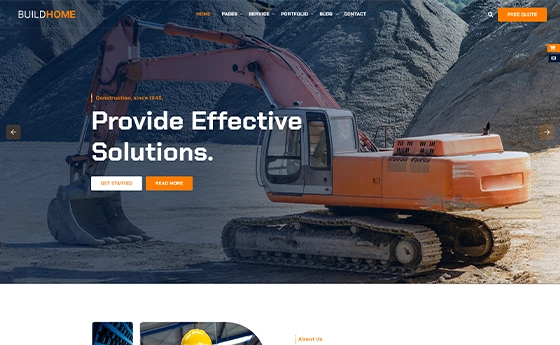 Heavy machinery contractor website with an equipment hero