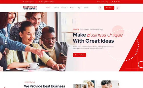 Business consultancy website with a team-led hero and red accent