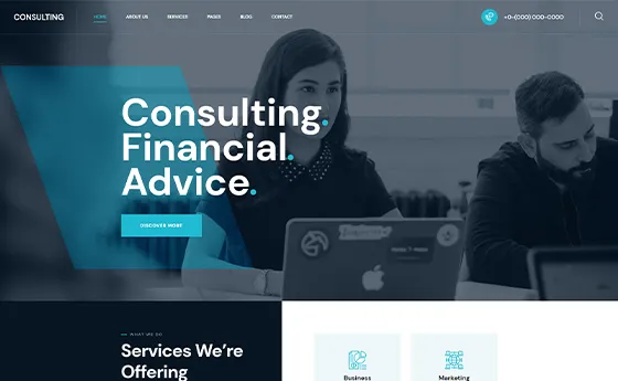 Financial advisory website with a teal hero and services grid