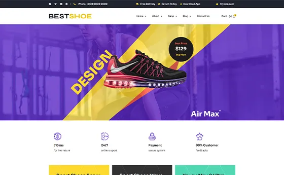 Footwear store homepage with an angled product spotlight