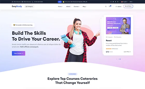 Online course platform with a skills-led hero and course cards