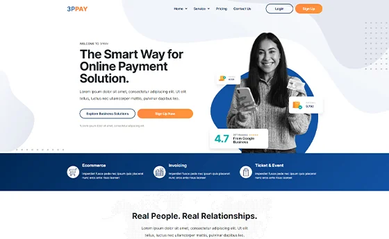 Online payments product site with app screens and trust badges