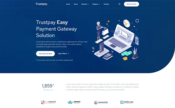 Payment gateway website with an isometric illustration hero